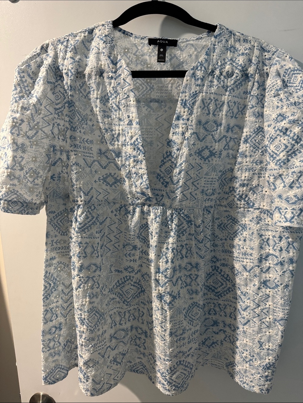Aqua Light Blue and White Printed V-Neck